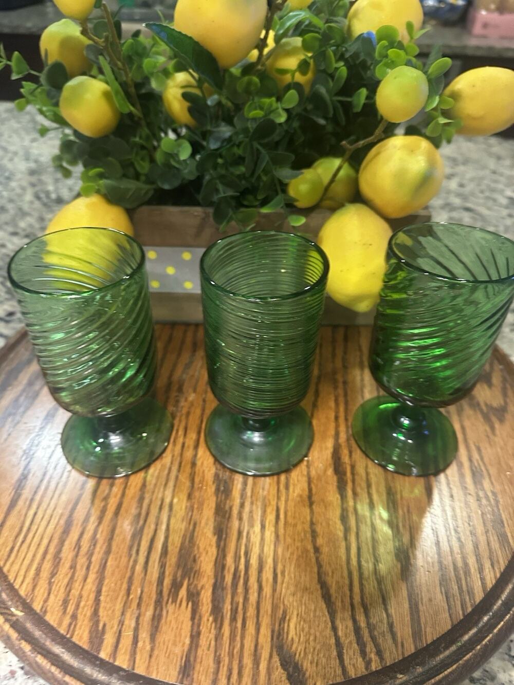 Set of 3 Green Swirl Glass Stem Glasses Cups 5 in H, 3 in  One Has A Small Chip